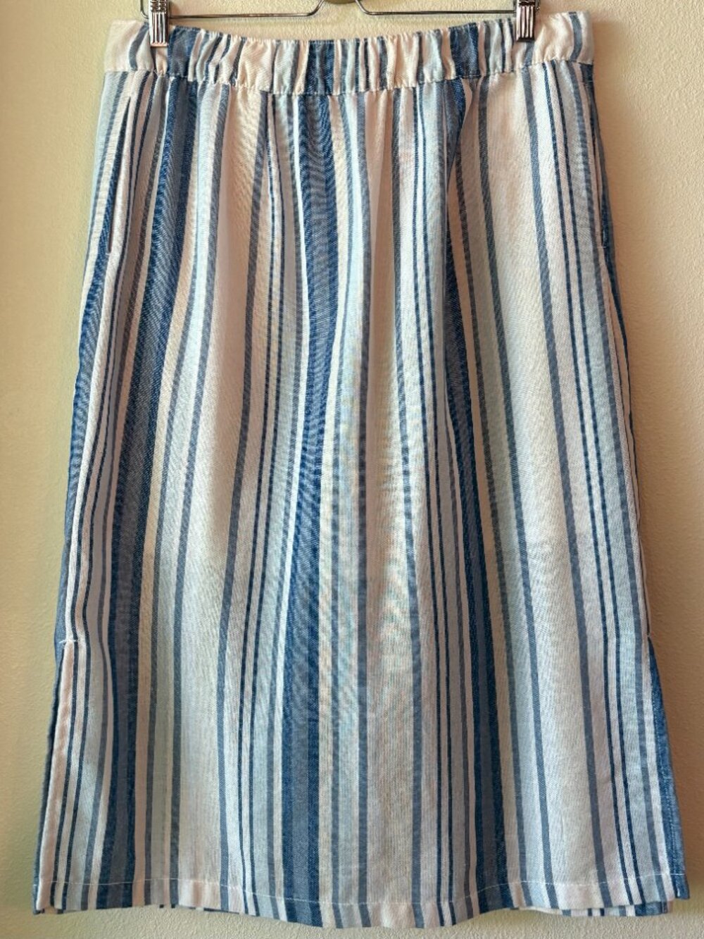 Linen Blend Midi Summer Skirt Blue White Vertical Striped Pockets M / L Capsule - Picture 8 of 12